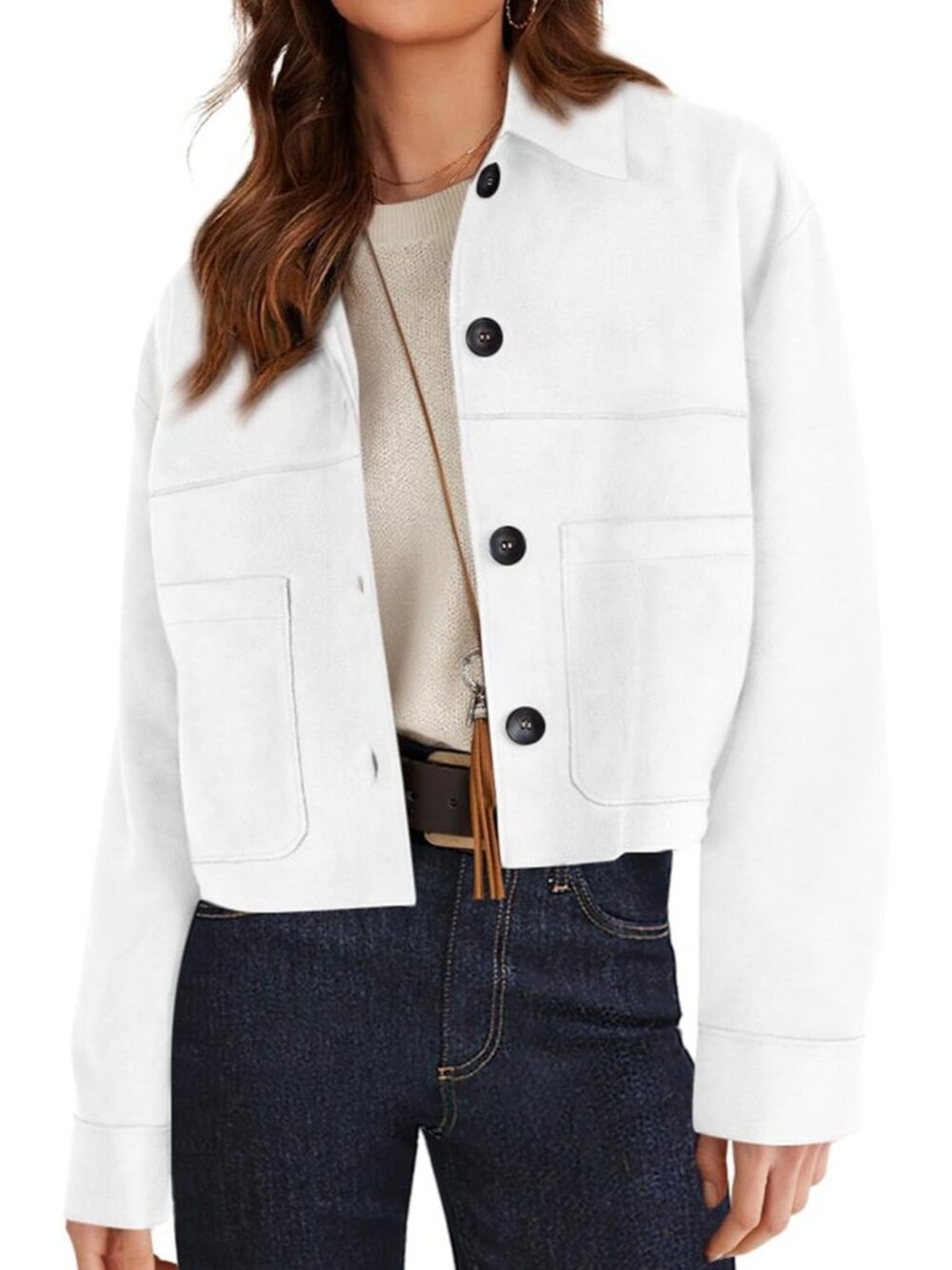 〽️Women's White Faux Suede Lightweight Crop Button Down Collared Shacket Coats